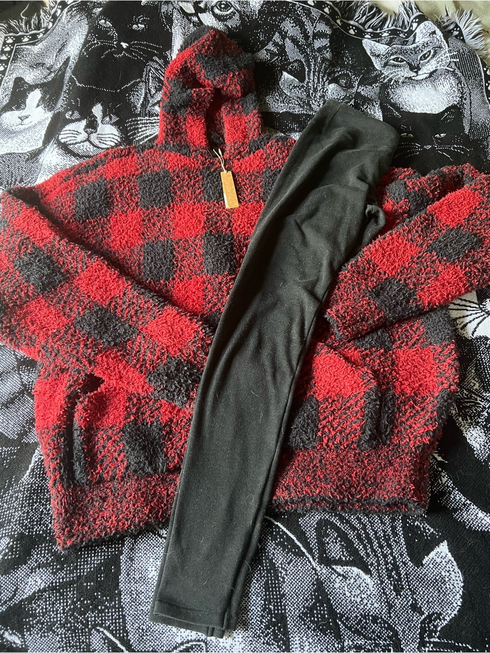 SKIMS Red and Black Buffalo Plaid Hooded Pullover Sweater